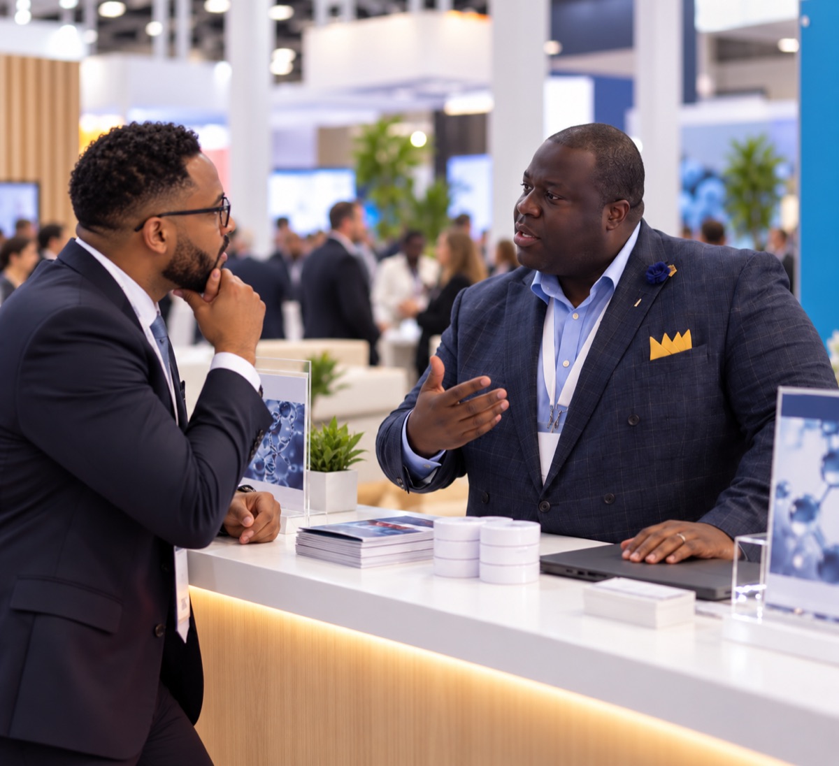 Togar Johnson in conversation with an attendee at an exhibitor booth